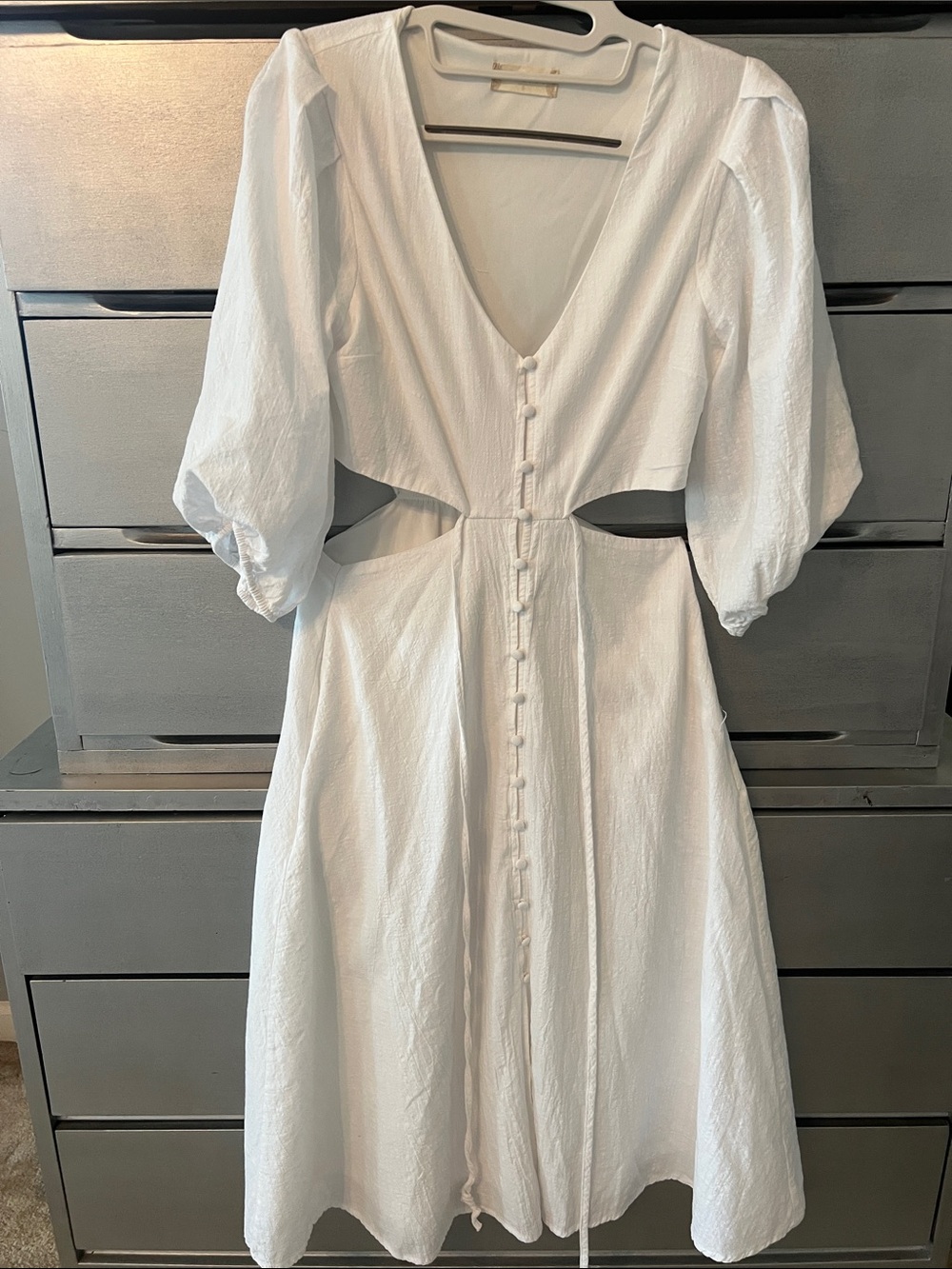 Altar'd State White Puff-Sleeve Button-Front Midi Dress with Waist Tie